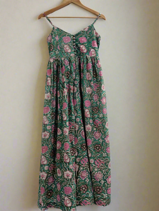 Hand Block Printed Strappy Dress :Green