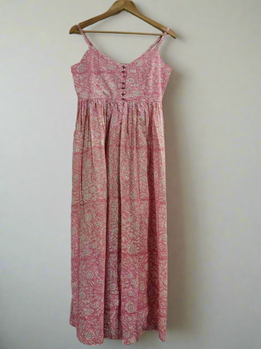 Hand Block Printed Strappy Dress :Pink