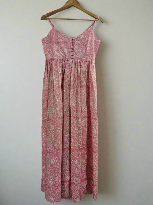 Hand Block Printed Strappy Dress :Pink