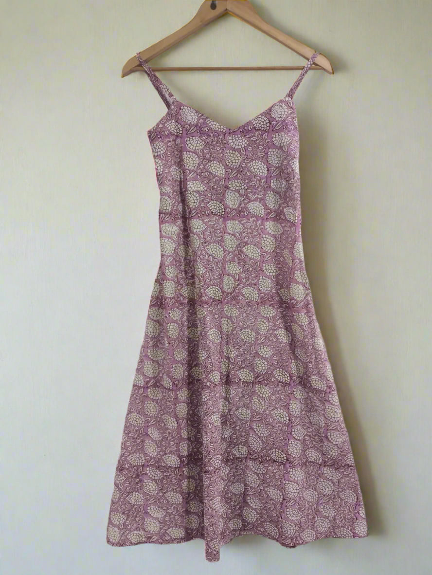Hand Block Printed Sweet Heart Dress: Lavender
