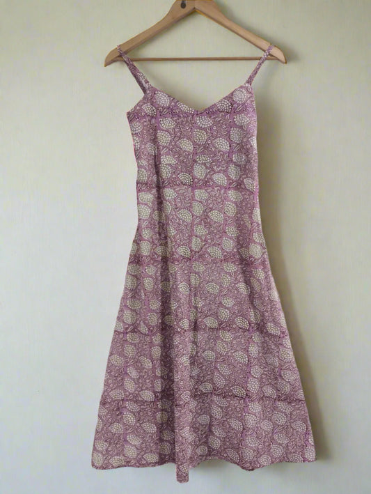 Hand Block Printed Sweet Heart Dress: Lavender