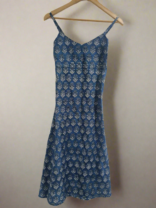 Hand Block Printed Sweet Heart Dress: Blue