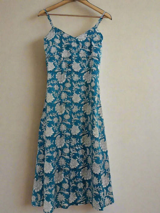 Hand Block Printed Sweet Heart Dress:Blue With White Flowers