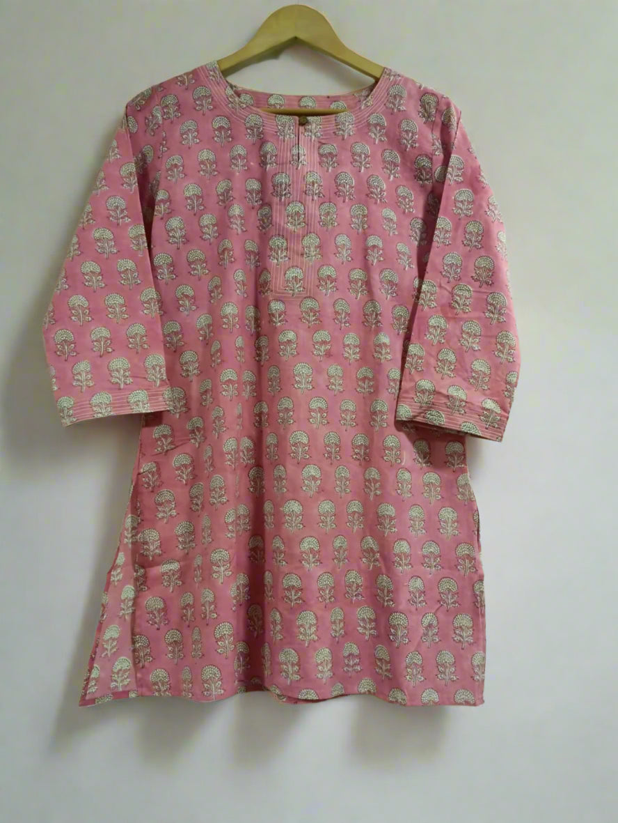Hand Block Printed Round Neck Kurti: Pink