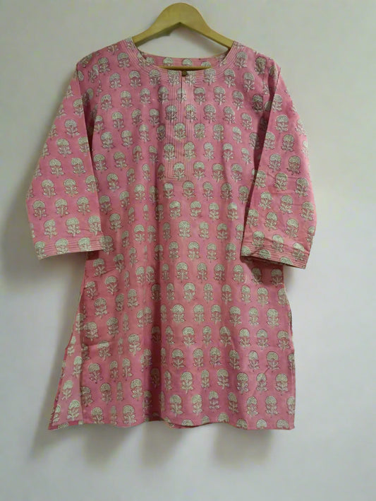 Hand Block Printed Round Neck Kurti: Pink