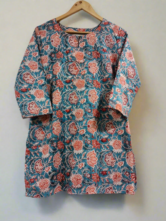 Hand Block Printed Round Neck Kurti: Blue