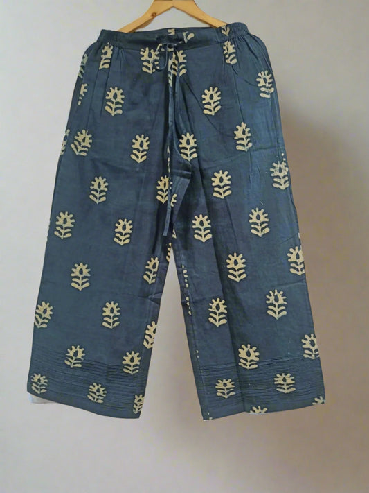 Hand Block Printed Relaxed Pintucks Pant: Indigo