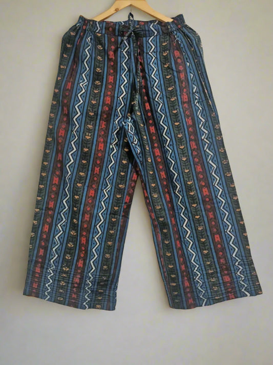 Hand Block Printed Relaxed Pintucks Pant: Indigo Zigzag