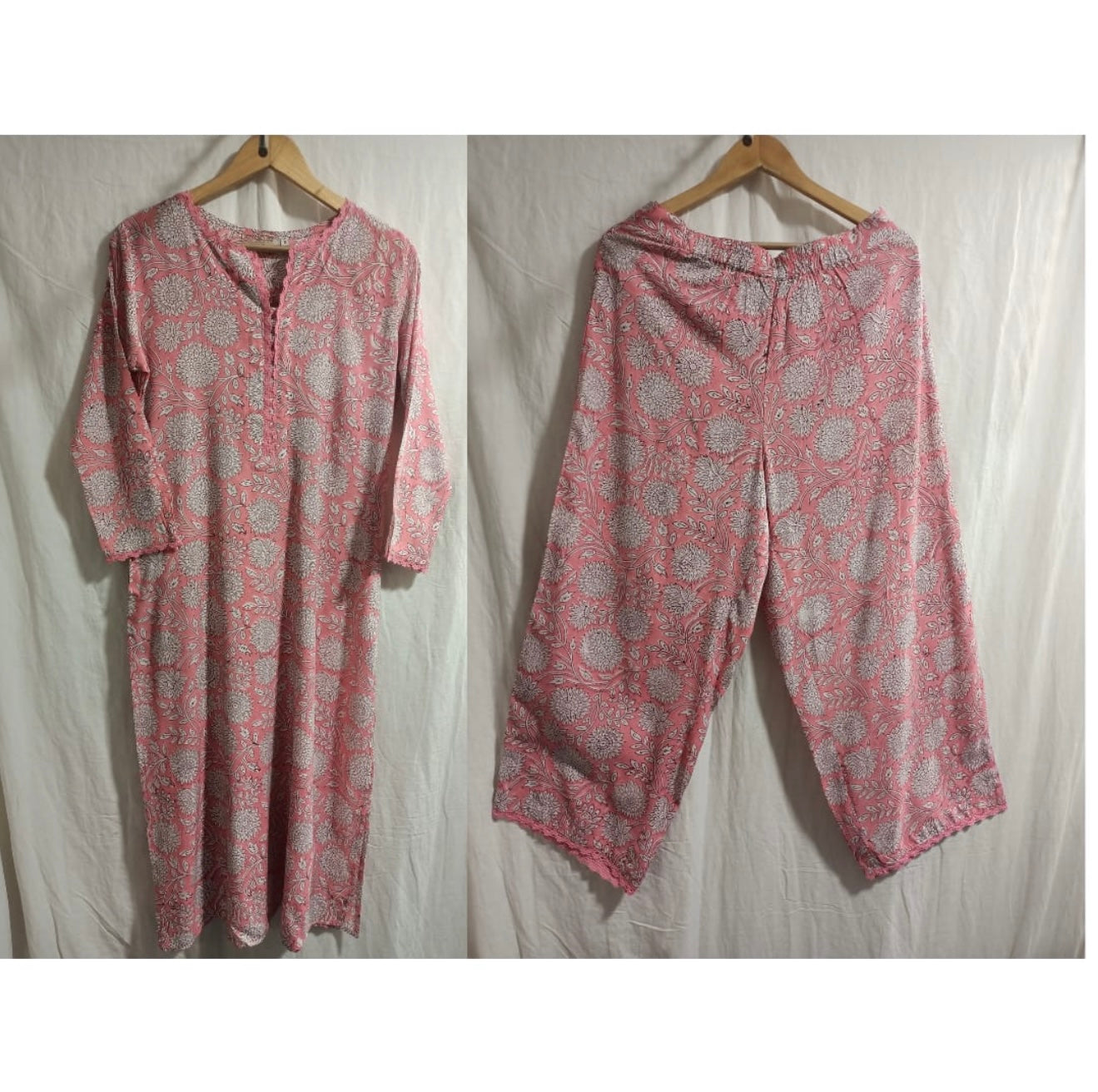 Hand Block Printed Modal Suit Set: Pink with white flowers