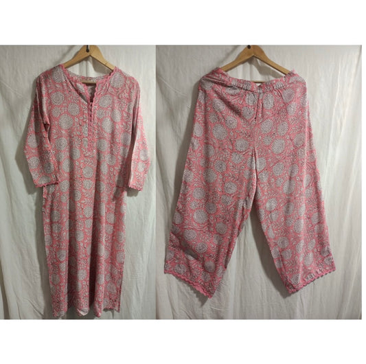 Hand Block Printed Modal Suit Set: Pink with white flowers