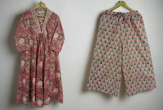 Hand Block Printed Mughal Suit Set: Pink