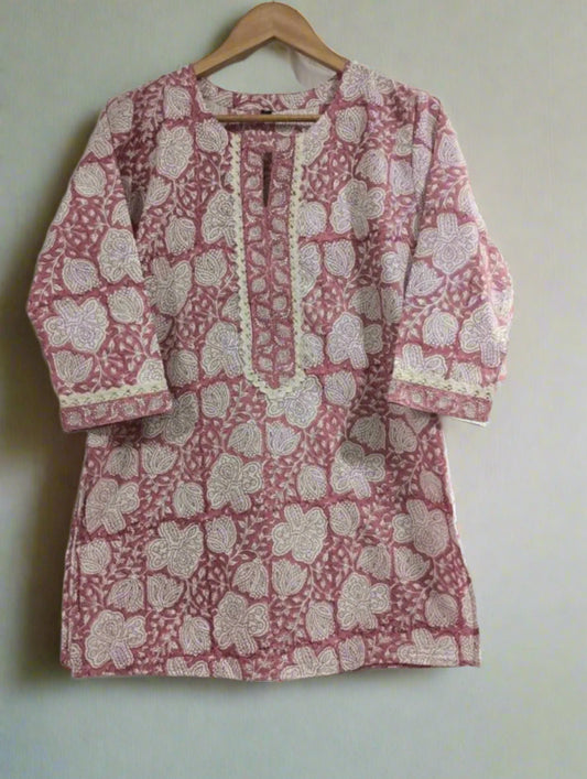 Hand Block Printed Crochet Lace Top: Pink