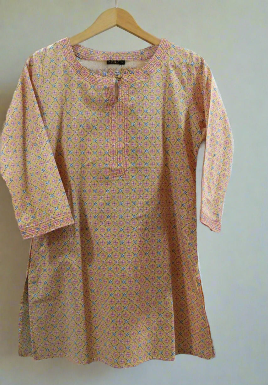 Hand Block Printed Round Neck Kurti: Yellow