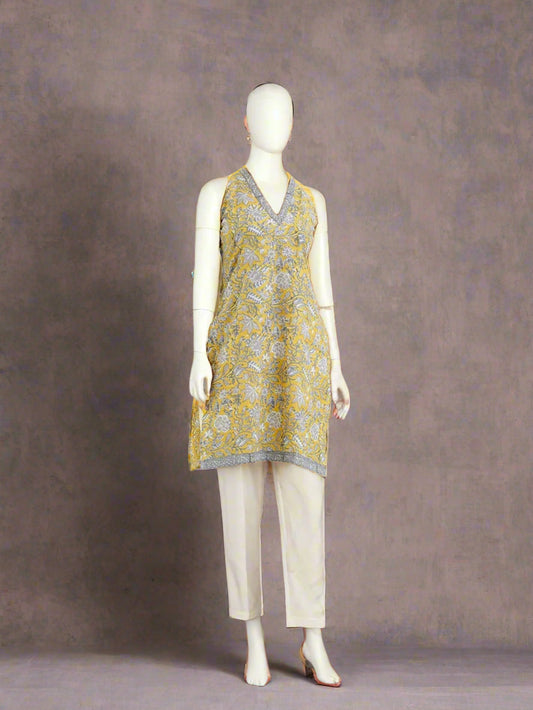 Hand Block Printed Halter Kurti: Yellow Grey
