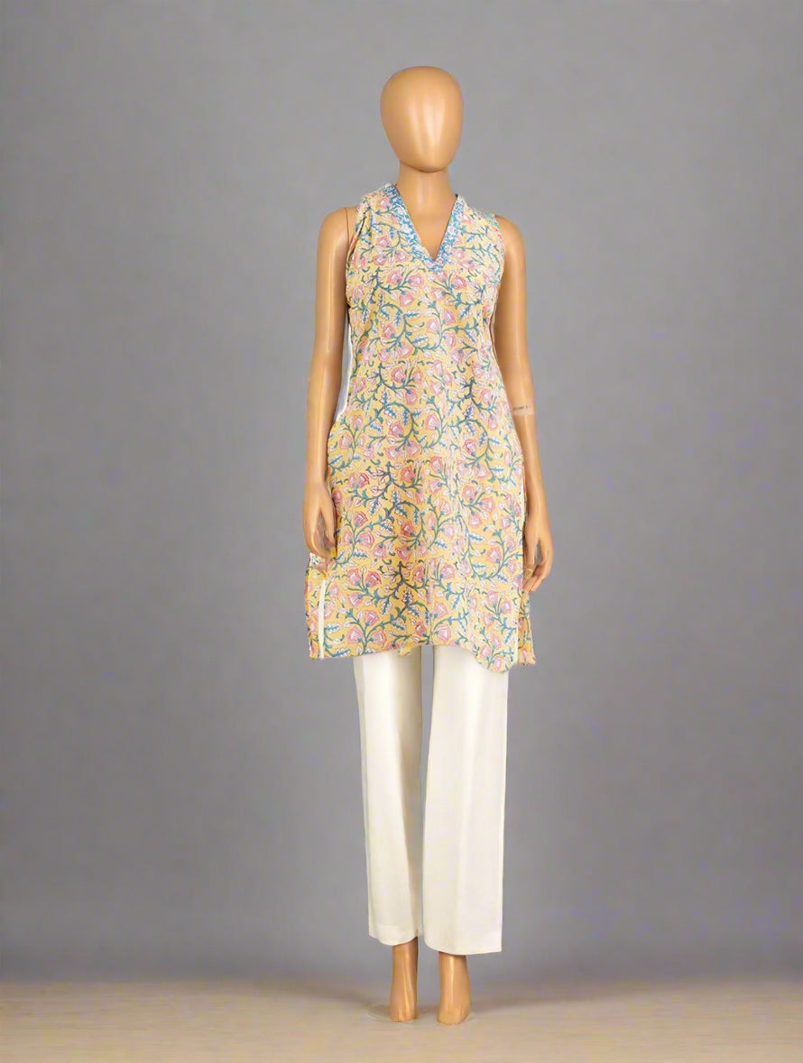Hand Block Printed Halter Kurti: Yellow Pink