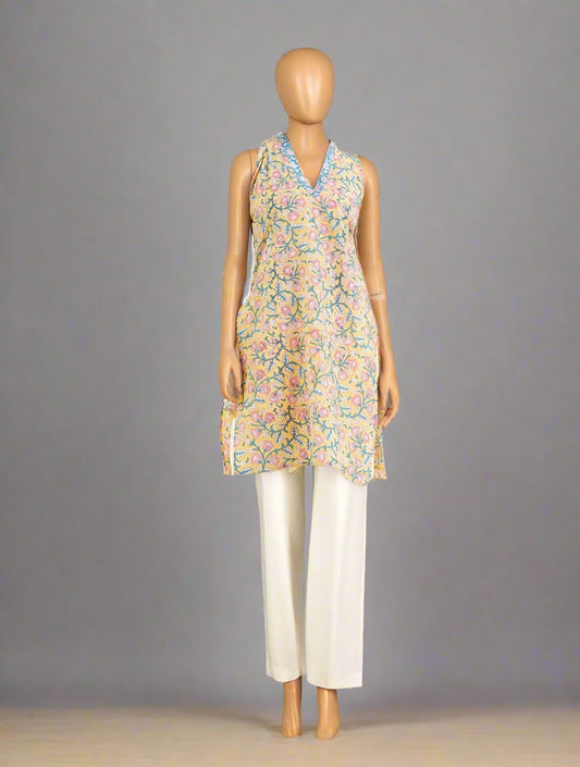 Hand Block Printed Halter Kurti: Yellow Pink