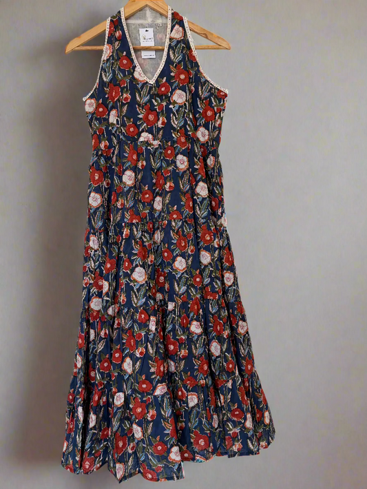Hand Block Printed Halter Dress: Blue with orange flowers