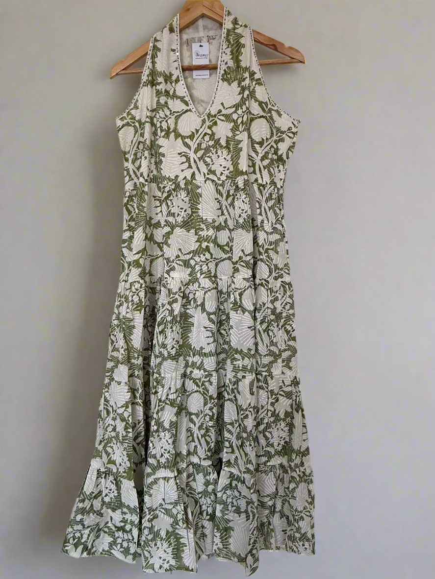 Hand Block Printed Halter Dress: Green with white Flowers