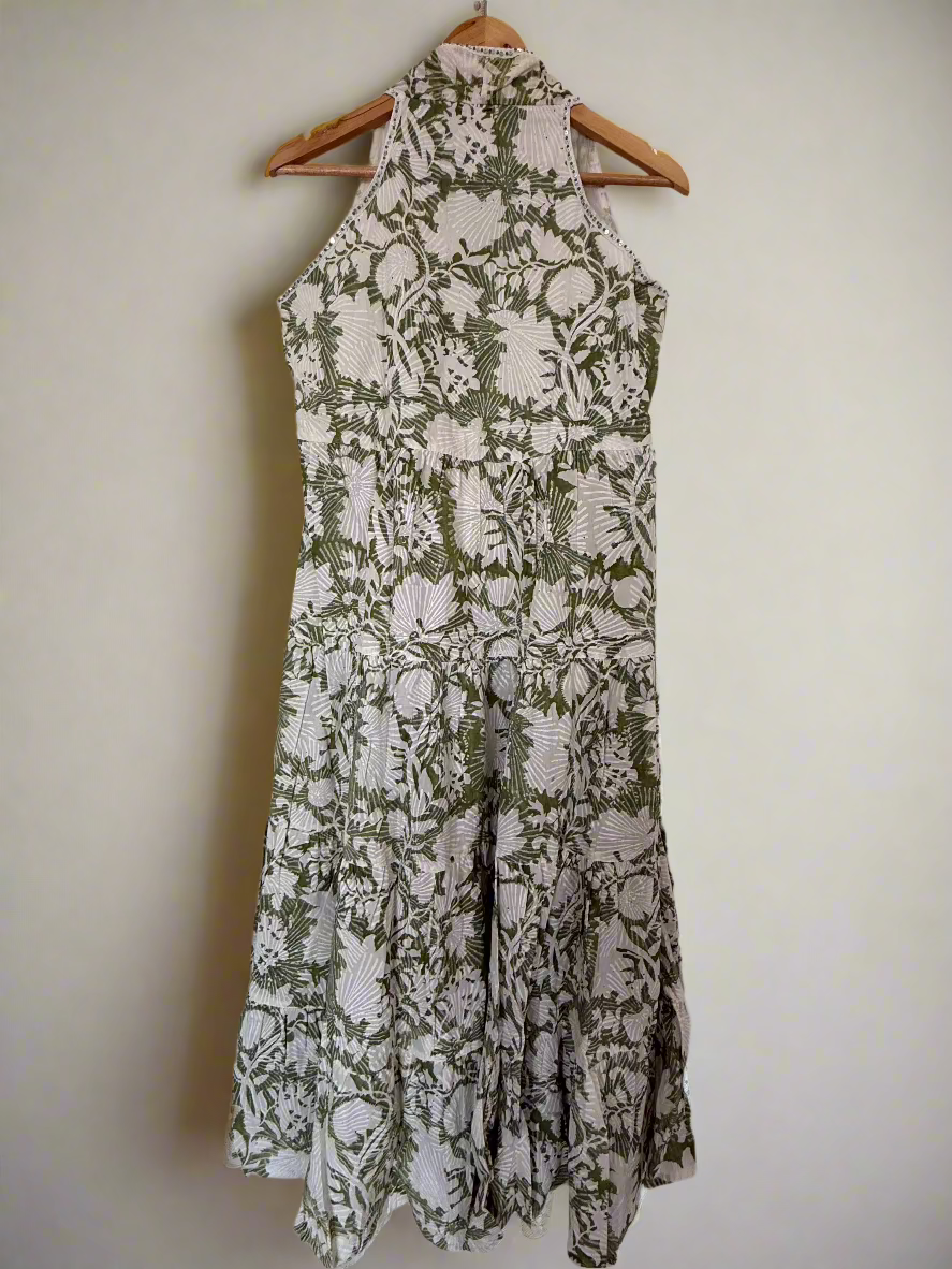 Hand Block Printed Halter Dress: Green with white Flowers