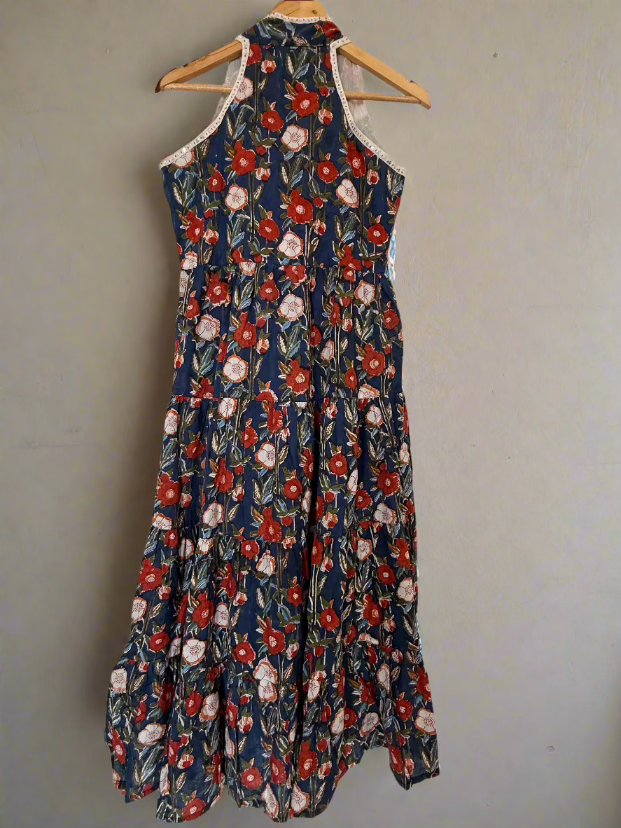Hand Block Printed Halter Dress: Blue with orange flowers