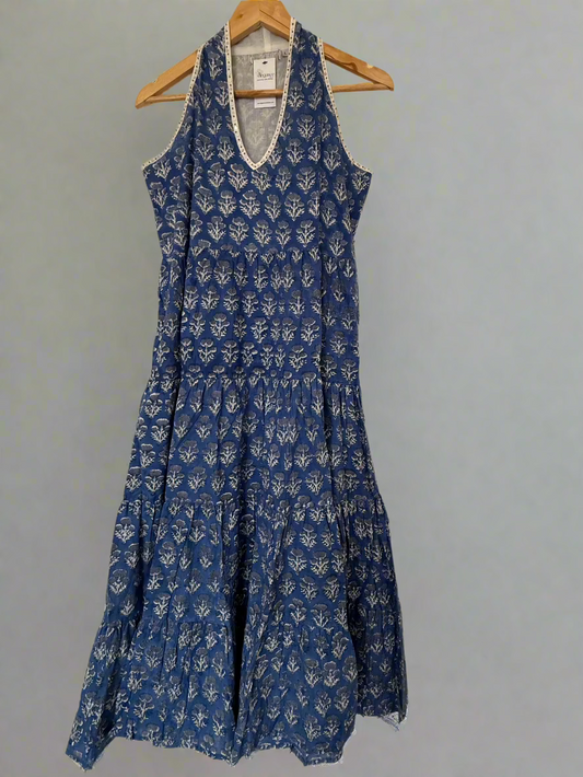 Hand Block Printed Halter Dress: Blue with small Butis