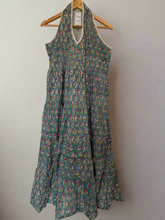 Hand Block Printed Halter Dress: Sky Blue