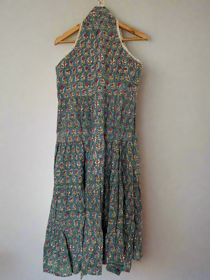 Hand Block Printed Halter Dress: Sky Blue