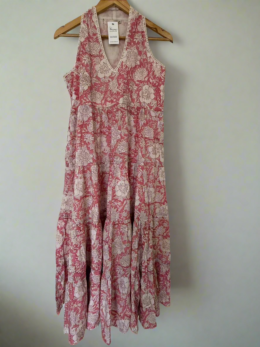 Hand Block Printed Halter Dress: Pink