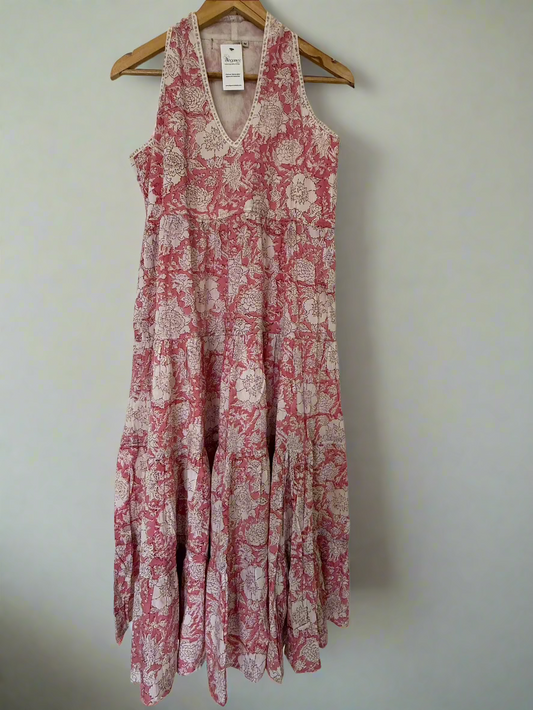 Hand Block Printed Halter Dress: Pink