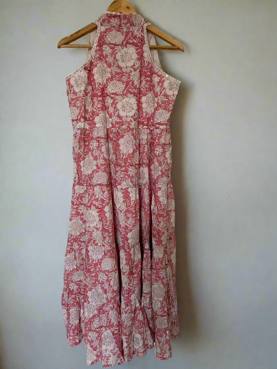 Hand Block Printed Halter Dress: Pink