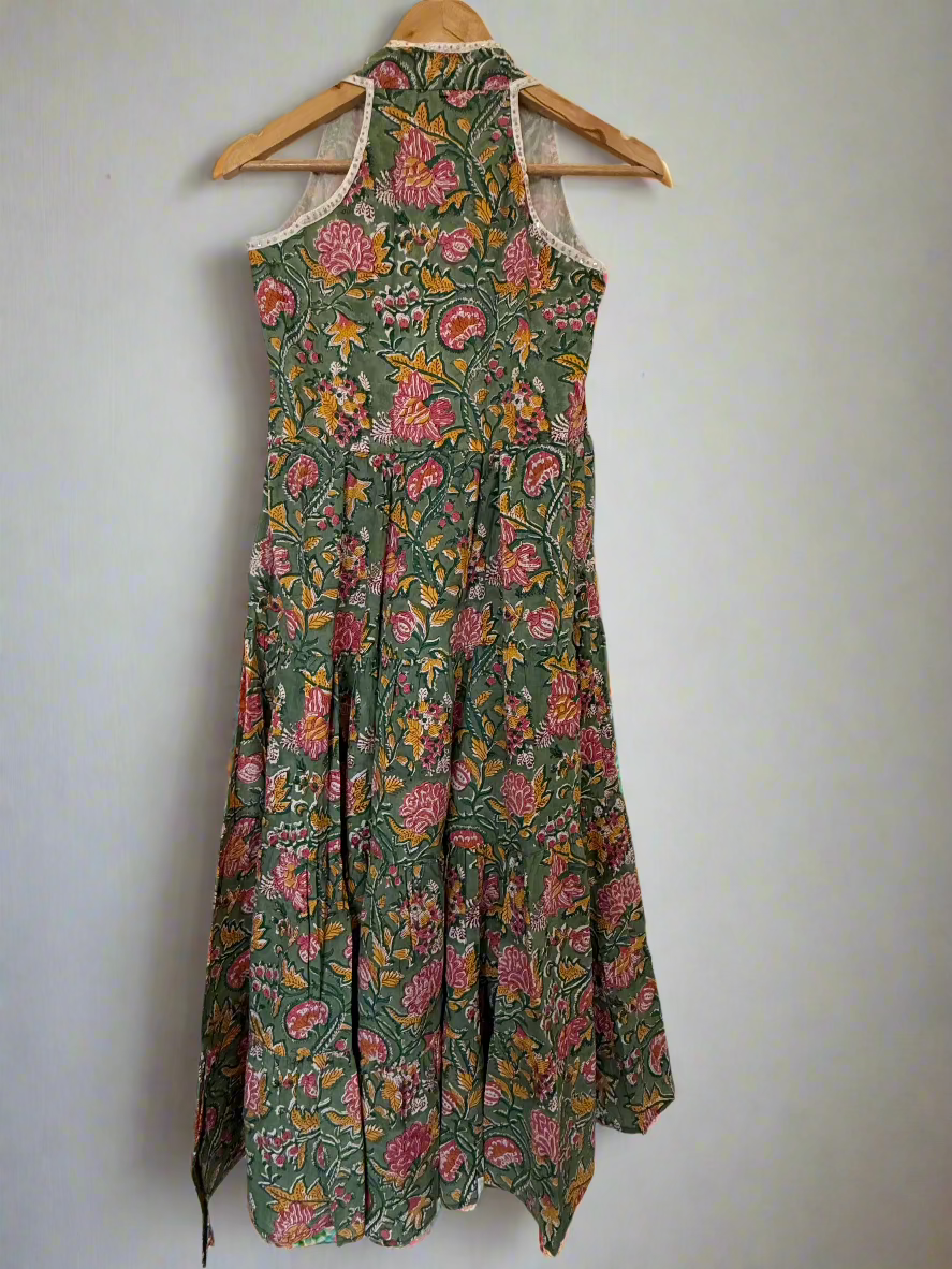 Hand Block Printed Halter Dress: Green with Pink Flowers