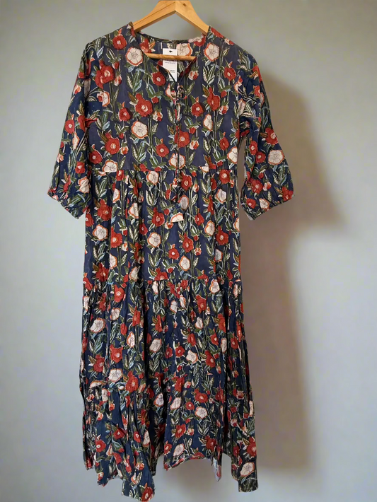 Hand block Printed Tiered Cotton Dress: Blue With orange Flowers