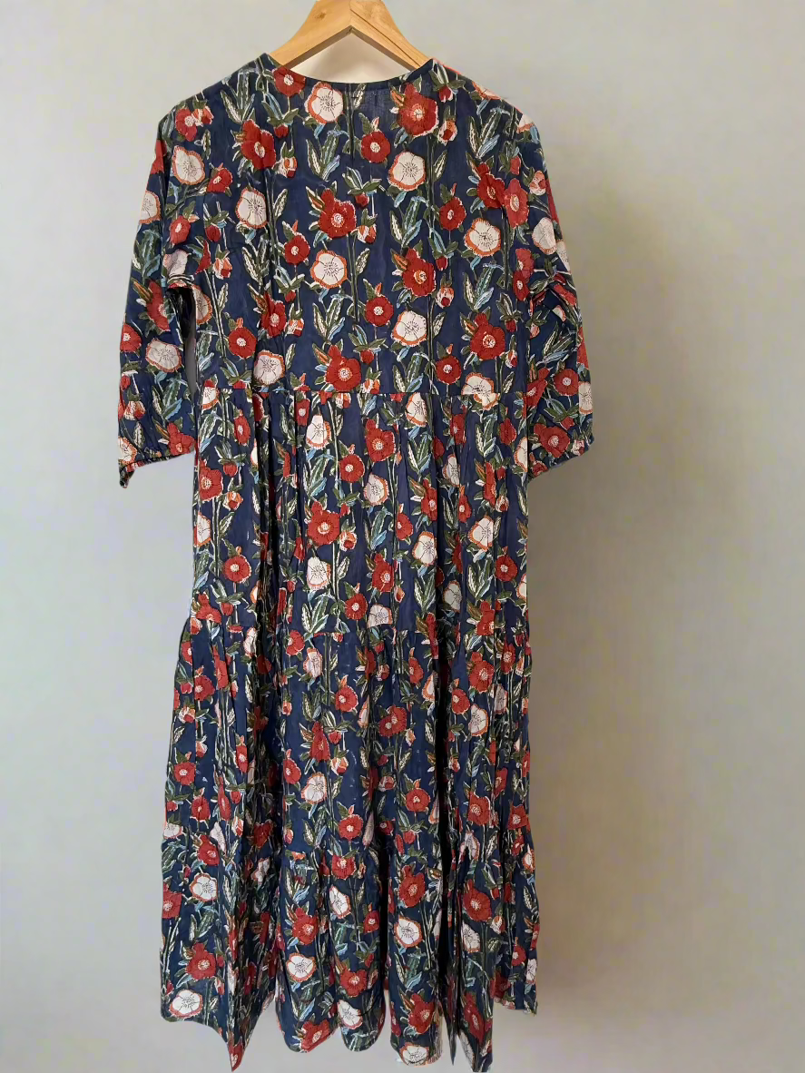 Hand block Printed Tiered Cotton Dress: Blue With orange Flowers