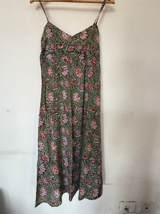 Hand Block Printed Sweet Heart Dress: Green