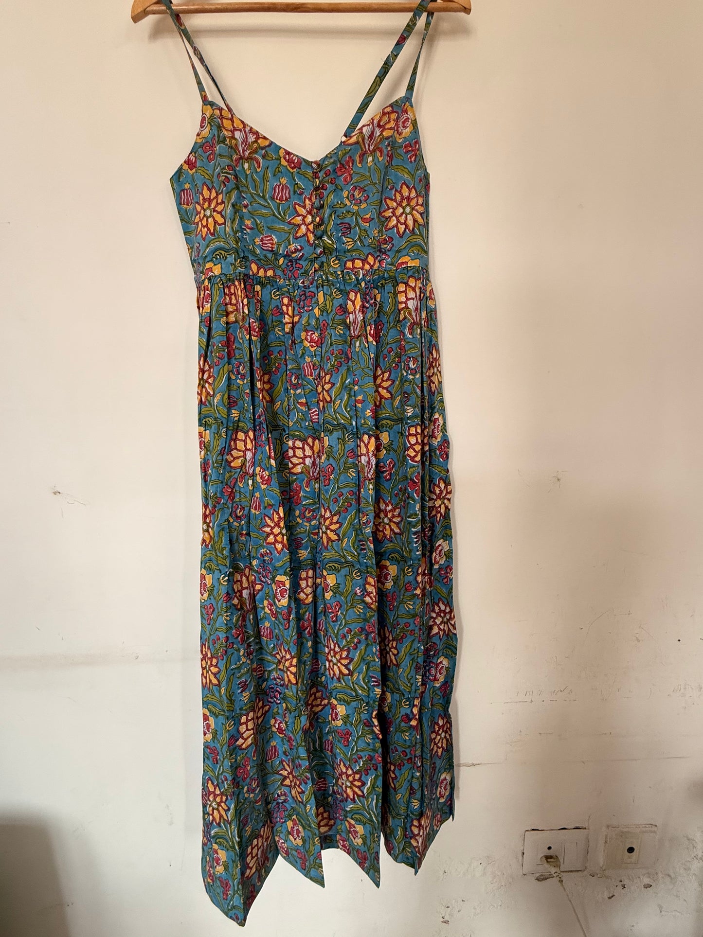 Hand Block Printed Strappy Dress :Blue