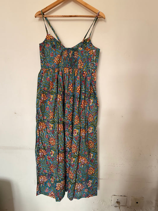 Hand Block Printed Strappy Dress :Blue