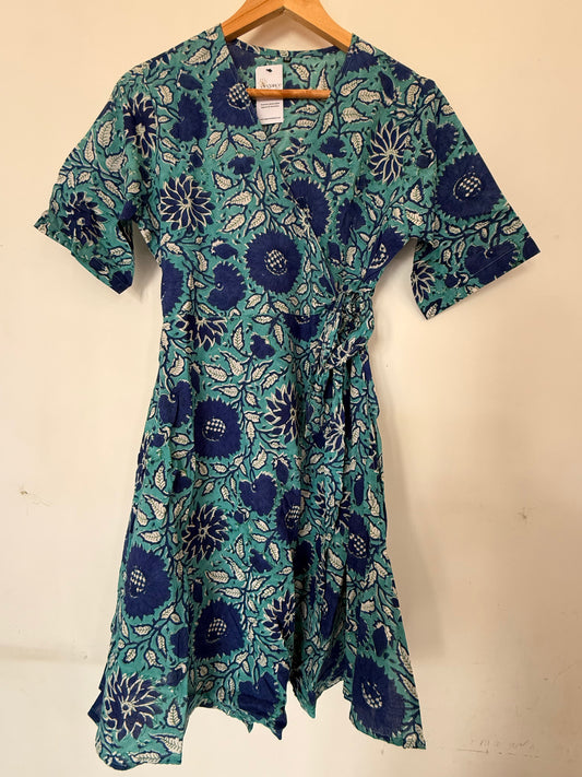 Hand Block Printed Wrap Dress: Light Blue with Dark Blue Flowers