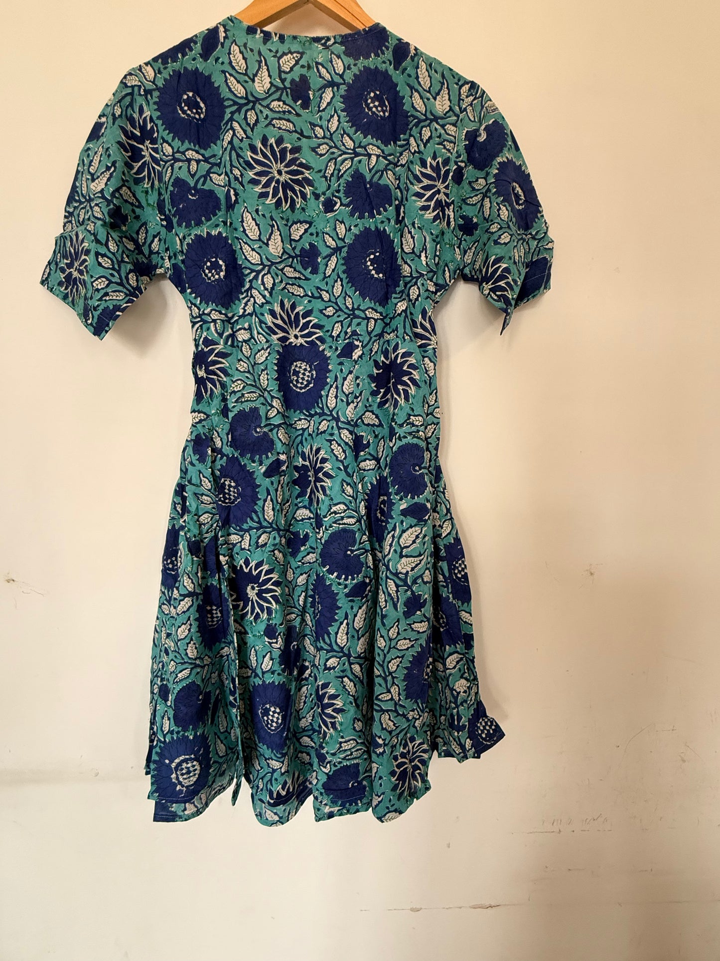 Hand Block Printed Wrap Dress: Light Blue with Dark Blue Flowers