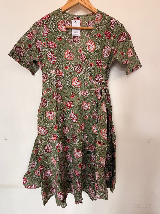 Hand Block Printed Wrap dress: Green with Orange Flowers
