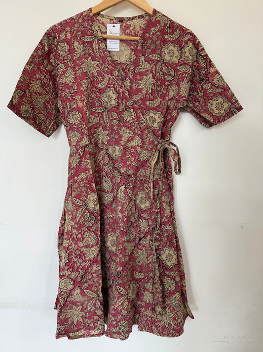 Hand Block Printed Wrap Dress: Pink