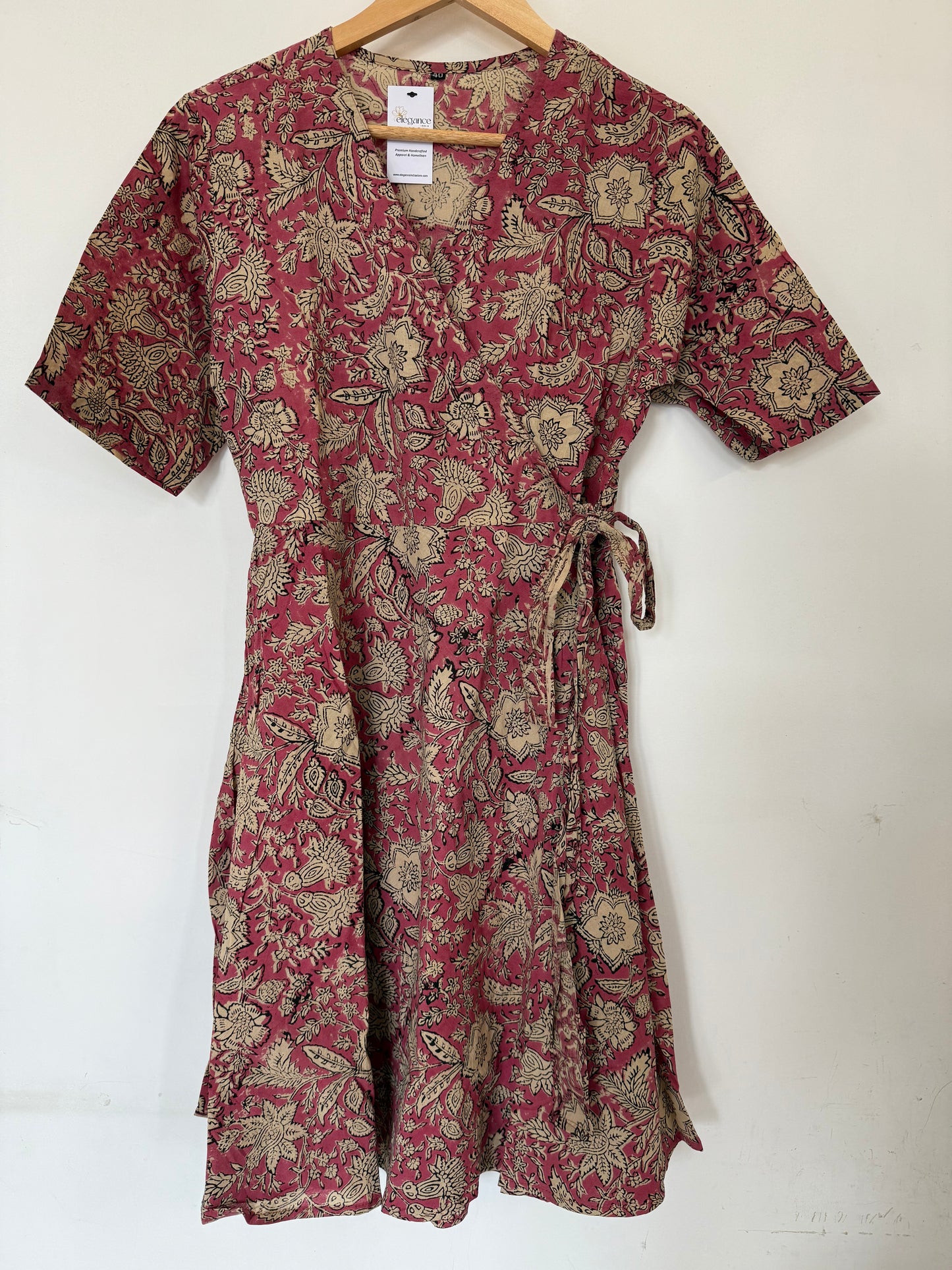 Hand Block Printed Cotton Wrap Dress: Green with Orange Flowers