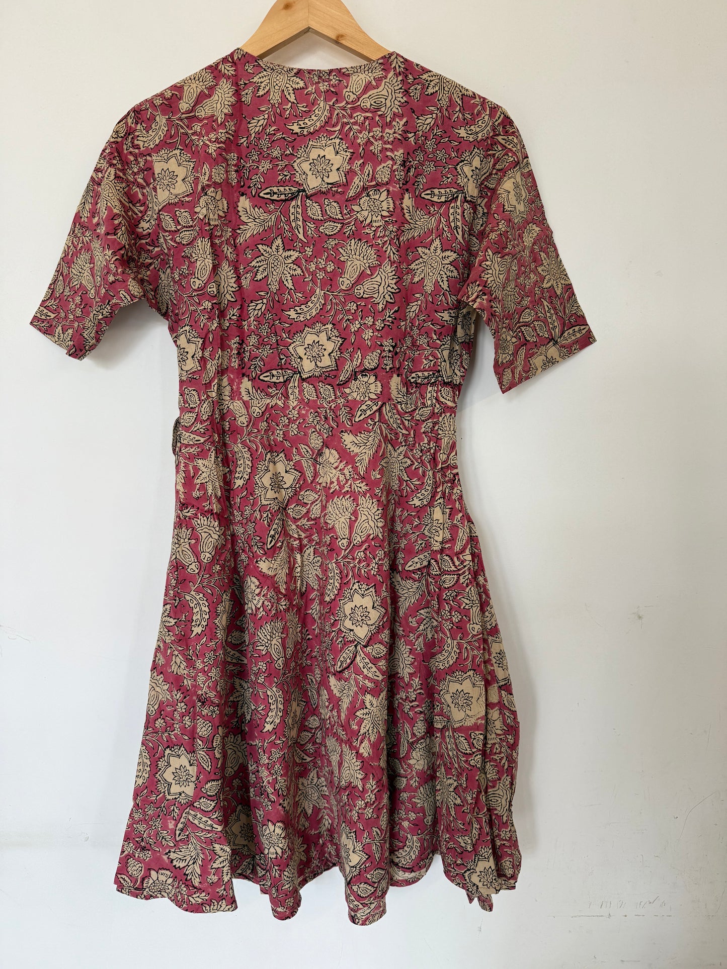Hand Block Printed Wrap Dress: Pink