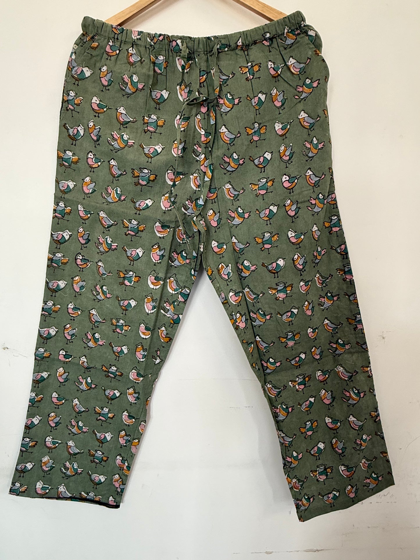 Hand Block Printed Night Suit: Green Bird
