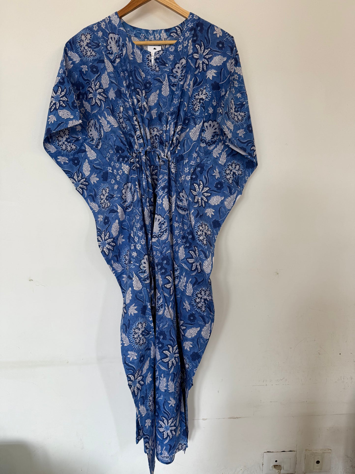Hand Block Printed Long Kaftan: Blue