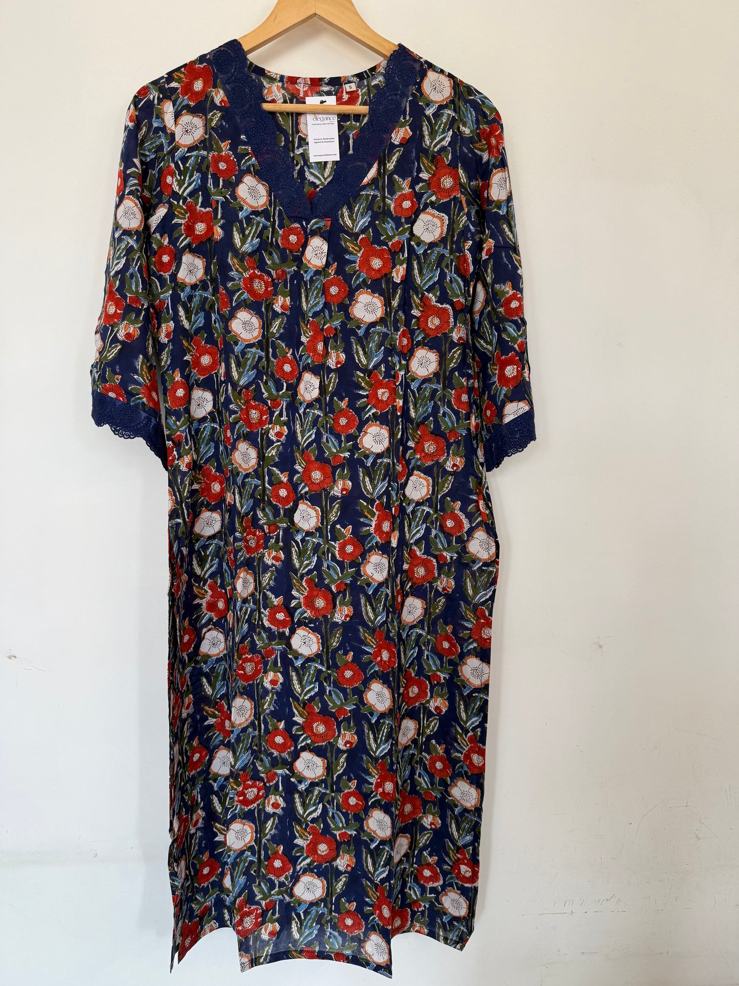 Hand Block Printed A-Line Kurta Co-ord Set: Blue with Orange Flowers