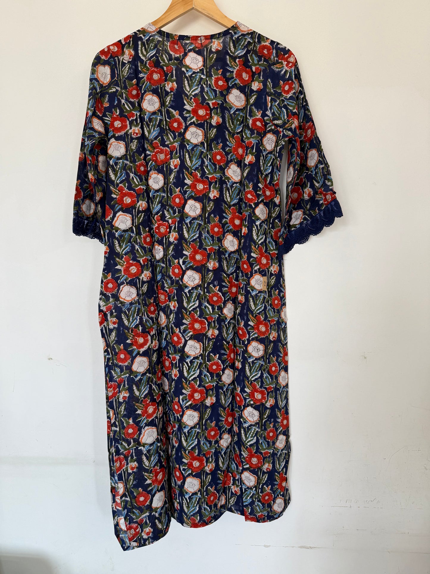 Hand Block Printed A-Line Kurta Co-ord Set: Blue with Orange Flowers