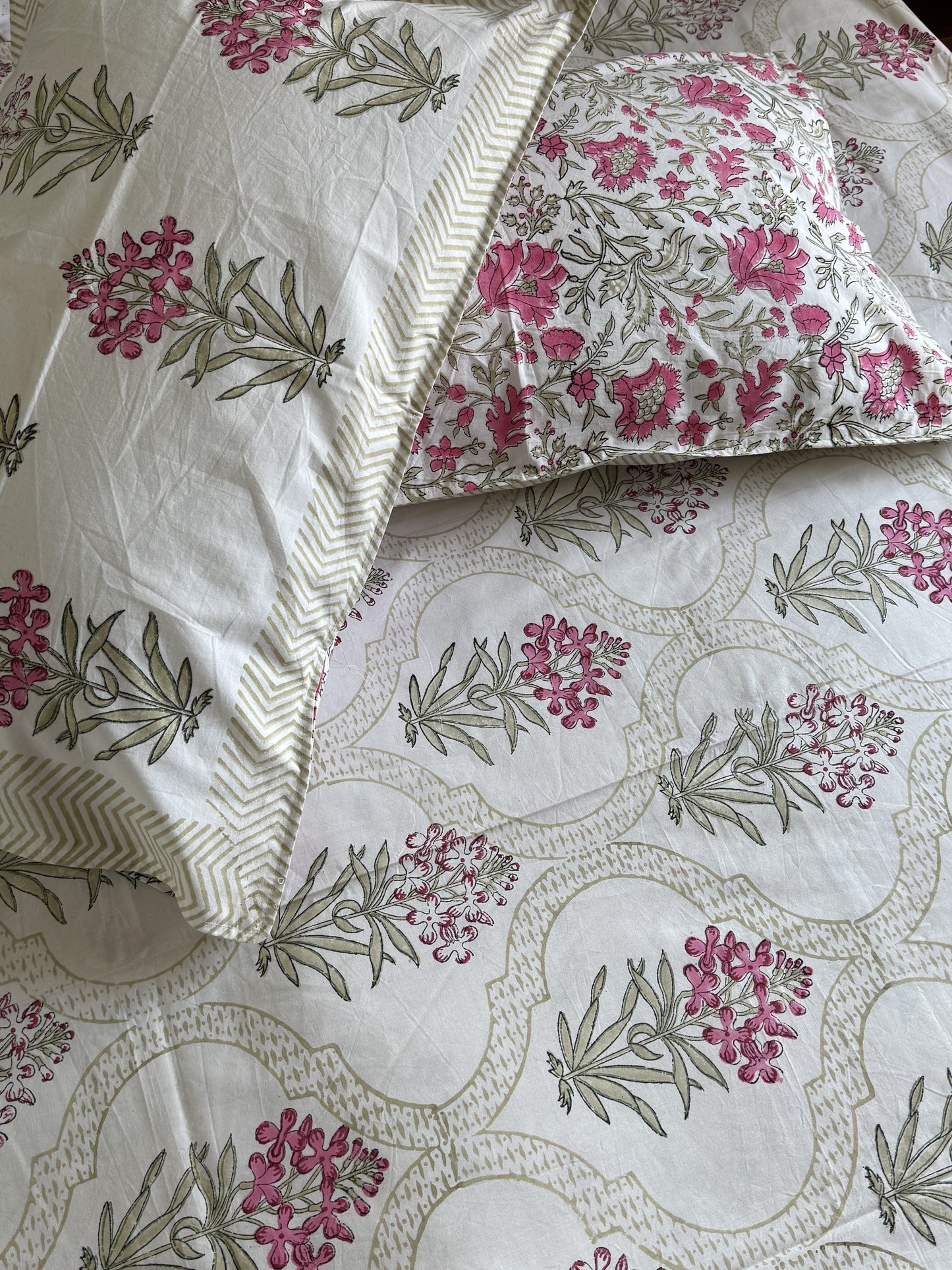 Hand Block printed King Size Bed Sheet: Pink Stock Blooms