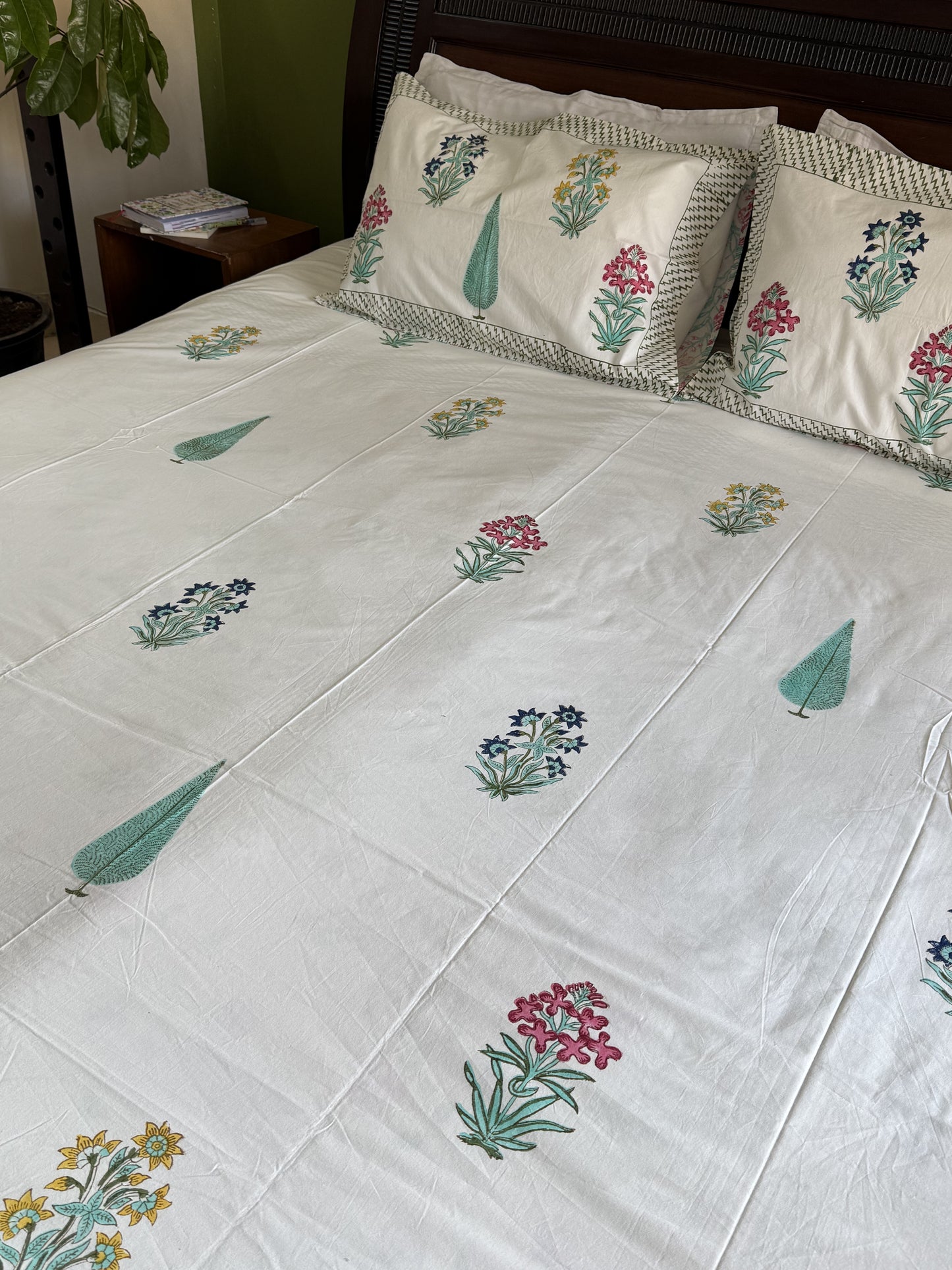 Hand Block Printed King Size Bed Sheet: Blooms & Cypress