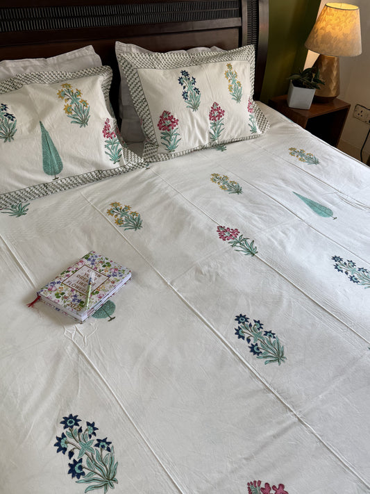 Hand Block Printed King Size Bed Sheet: Blooms & Cypress