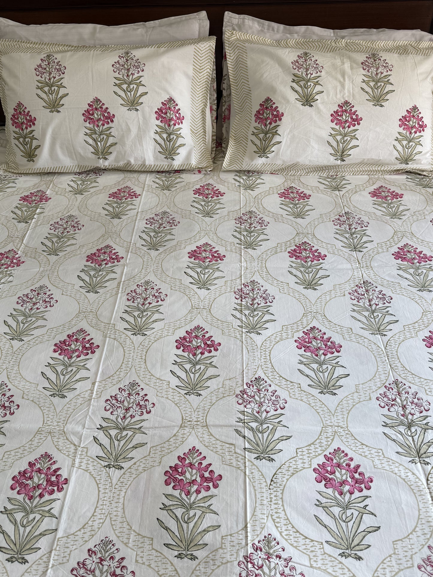 Hand Block printed King Size Bed Sheet: Pink Stock Blooms